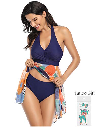 Donpapa Mujer Traje de Baño Tankinis Hálter Falda Push Up Bikini Conjunto de Malla Playa Ropa de Baño de Cintura Alta(Azul Naranja S)