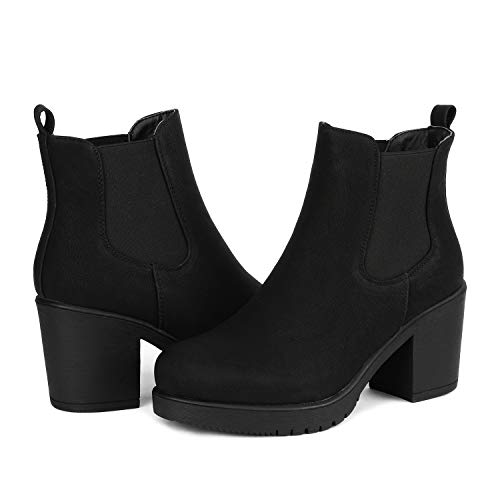 Dream Pairs FRE Mujer Botines de Tacón Ancho Chelsea Plataforma Cabeza Redonda Otoño Invierno Moda Botas Negro PU 41 EU/10 US