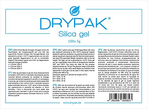 DRYPAK | 100 x 5 Gramos | Bolsas DESECANTES DE Gel DE SÍLICE | Deshumidificador, regenerable