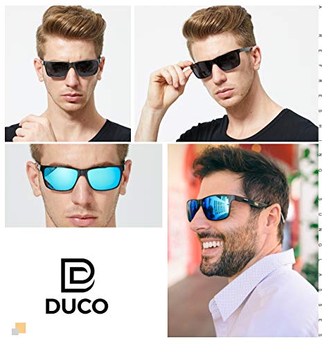 Duco Gafas de sol con montura de metal polarizadas rectangulares clásicas para hombres con templo de fibra de carbono 8206 (Lentes azul marco negro)