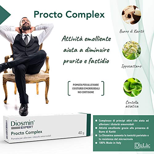 Dulàc - Diosmin Expert - Procto Complex - Crema para el tratamiento de hemorroides con Diosmin, Escin, Gotu kola, Hypericum, Castaño de Indias y Manteca de Karité - SIN CORTISONA (2 x 40 g)