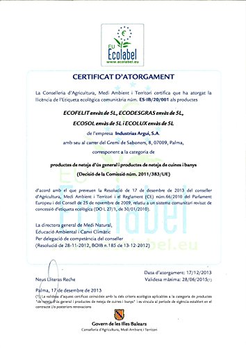 ECOFELIT 5 Litros. DETERGENTE y DESINCRUSTANTE ANTICAL PROFESIONAL ECOLOGICO. Limpieza ecológica. ECOLABEL