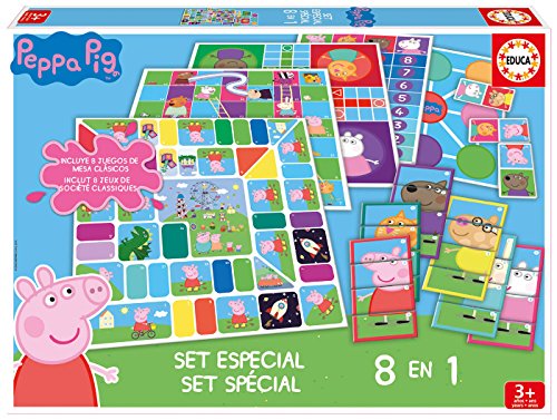 Educa - Set Especial 8 En 1 Peppa Pig: Juego de la oca, Parchís, Caracoles, Carrera de caballos, Tres en raya, Escaleras y toboganes, Dominó y Juego de personajes, a partir de 3 años (16791)