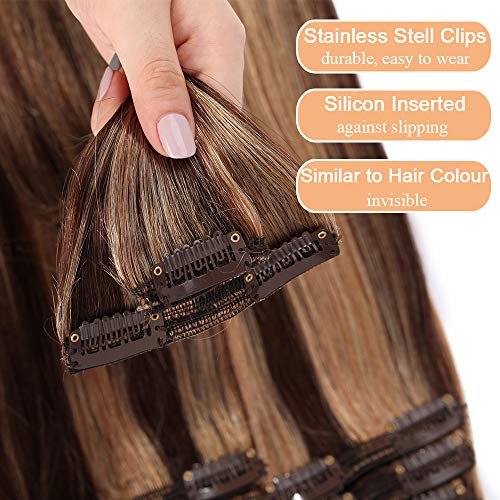 Elailite Double Wefts Extensiones de Clip de Pelo Natural Cabello Humano Remy - 35cm (120g) #4/27 Marrón Medio/Rubio Sombra -Muy Gruesas Mechas Mujer Clips Human Hair