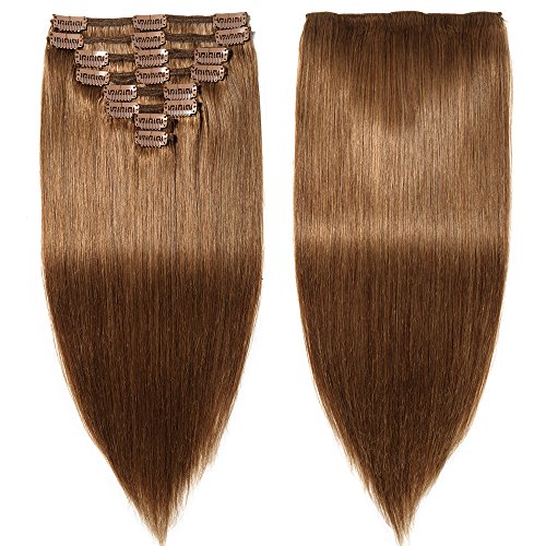 Elailite Extensiones de Clip de Pelo Naturel Cabello Remy [Max Grueso] - 40 cm 130g #06 Castaño Claro 100% Human Hair 8 Piezas Double Weft