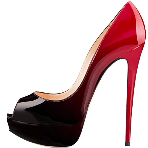 ELASHE - Zapatos para Mujer - Tacón de Aguja -15CM Peep Toe - 3CM Plataforma Tacones Mujer Fiestas Oficina Negro-Rojo EU38