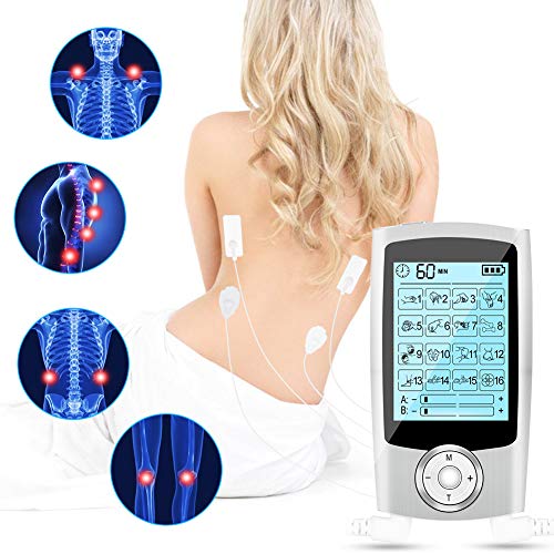 Electroestimulador Masaje EMS Portatil, 16 Modos 2 Canales 6 Pads Masajeador Electro Recargable Estimulador Muscular de Pulsos para Alivio del Dolor de Cervical/Piernas/Abdominal/Espalda/Cuello