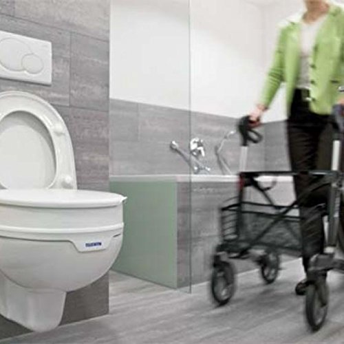 Elevador de inodoro Aquatec 90 de Invacare con tapa | Altura delantera del asiento: 105 mm | Altura trasera del asiento: 115 mm | Peso máximo soportado: 225 kg