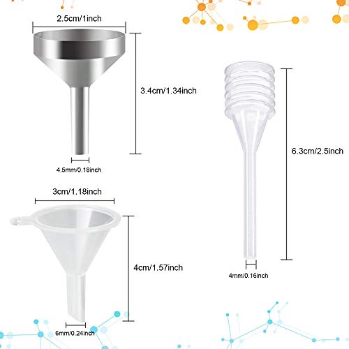 EMAGEREN 10pcs Mini Embudos de Plástico, Embudos Pequeños, 5pcs Mini Embudos de Metal, 3pcs Mini Pipetas, Ideal para Rellenar Perfume a Botellas o Recipientes Pequeños, Juego de Embudos(Total 18)