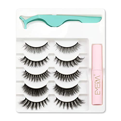 EMEDA pestañas postizas naturales con pegamento, 5 pares de pestañas de ojos de gato esponjosas Envase múltiple de pestañas postizas largas y gruesas con pegamento y aplicador Reusable Strip Lashes