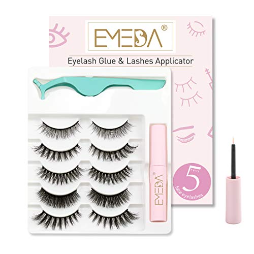 EMEDA pestañas postizas naturales con pegamento, 5 pares de pestañas de ojos de gato esponjosas Envase múltiple de pestañas postizas largas y gruesas con pegamento y aplicador Reusable Strip Lashes