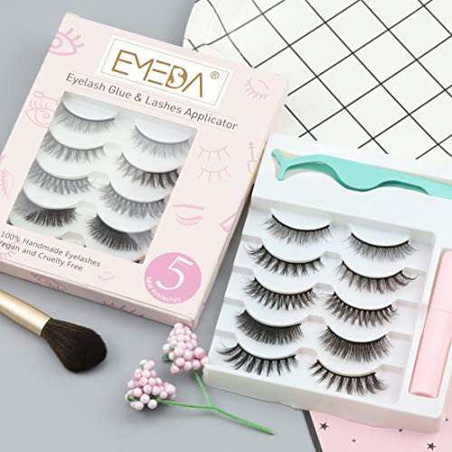 EMEDA pestañas postizas naturales con pegamento, 5 pares de pestañas de ojos de gato esponjosas Envase múltiple de pestañas postizas largas y gruesas con pegamento y aplicador Reusable Strip Lashes