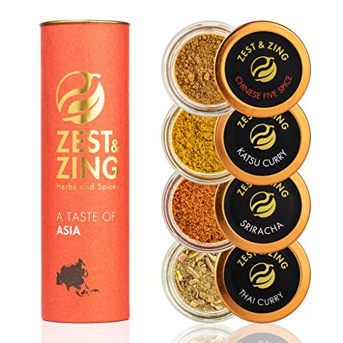 Especias de Asia (Curry tailandés, Sriracha, Chinese Five Spice, Katsu Curry) - Cajas de regalo ZEST & ZING. Navidad, estreno de una casa, cumpleaños, regalos de boda para los sibaritas.