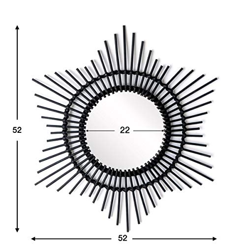 Espejo de pared decorativo redondo Hawai, ratán natural, forma de estrella, estilo étnico & boho chic, nórdico, bonito y moderno, ligero, para pasillo baño o entrada, ratán, color negro, 52x52x2 cm.