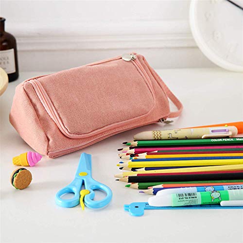 Estuche de lápices de lino de gran capacidad,Caja Case con Cremallera de Escolar,Estuche de lápices con 3 Compartimento para Niños Adolescente,Estuches Algodón y Lino Lápiz Cosmética (Rosa)