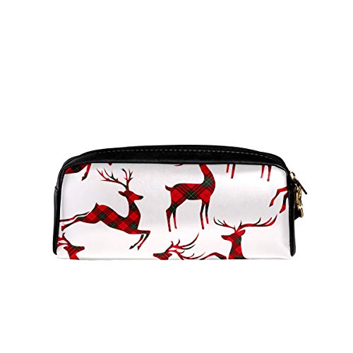 Estuche de Navidad Rojo Verde Plaid Reno Pen Box PU Bolsa de Cuero Bolsa de la Escuela de Papelería Suministros de Viaje Cosmético Bolsa de Maquill