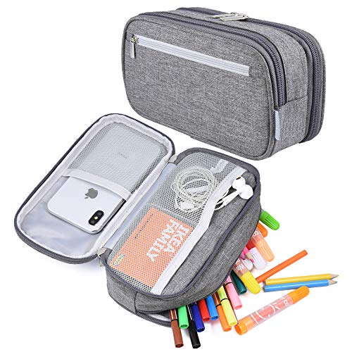 Estuche para lápices, de gran capacidad, estuche con grandes compartimentos para la escuela, estudiantes, niños, niñas y oficina, color gris