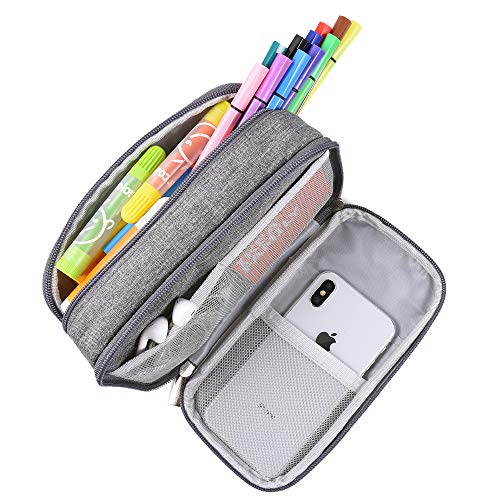 Estuche para lápices, de gran capacidad, estuche con grandes compartimentos para la escuela, estudiantes, niños, niñas y oficina, color gris