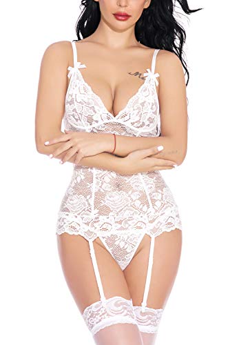 Evelife Mujer Sexy Conjunto de Lencería, Correa Trasera Sexy Encaje Ropa Interior + Tanga Lencería Transparente Erótico Encaje Babydoll (Blanco Small)