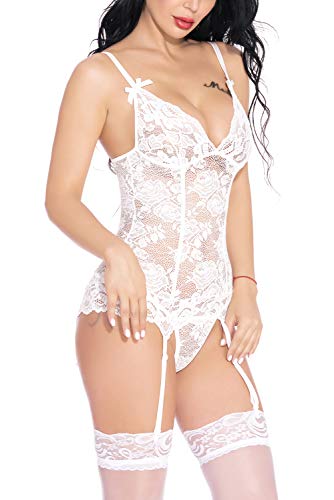 Evelife Mujer Sexy Conjunto de Lencería, Correa Trasera Sexy Encaje Ropa Interior + Tanga Lencería Transparente Erótico Encaje Babydoll (Blanco Small)