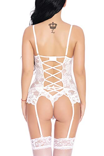 Evelife Mujer Sexy Conjunto de Lencería, Correa Trasera Sexy Encaje Ropa Interior + Tanga Lencería Transparente Erótico Encaje Babydoll (Blanco Small)