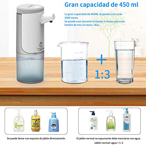 Everenty Dispensador de Jabón Automático, USB Recargable Dosificador de Jabón, 450ML Desinfectante para Manos con Sensor sin Contacto, Montable en la Pared para Baño Cocina Hotel Oficina