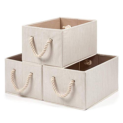 EZOWare 3 pcs Cajas de Almacenaje, Caja Decorativa de Tela Plegable Resistente con Manijas para Ropa, Juguetes, Armario, Dormitorio, Estanterías y Mas - Color Beige Natural