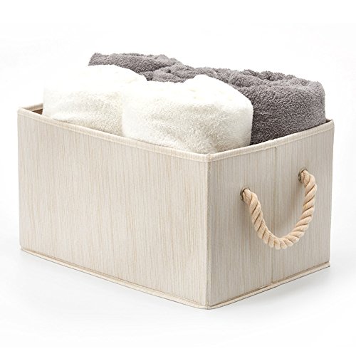 EZOWare 3 pcs Cajas de Almacenaje, Caja Decorativa de Tela Plegable Resistente con Manijas para Ropa, Juguetes, Armario, Dormitorio, Estanterías y Mas - Color Beige Natural