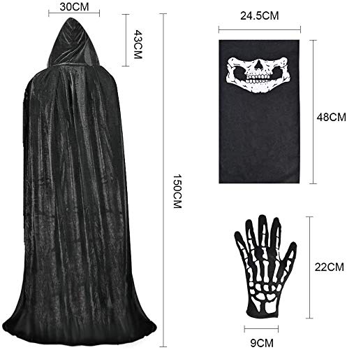 Fabu Negro Largo Capa con Capucha para Halloween Carnaval, Guantes de Esqueleto y Máscara de Calavera Disfraz Plástico Falsa Guadaña Hoz Arma para Adultos Halloween Danza Fiesta de Disfraz 1 Juego