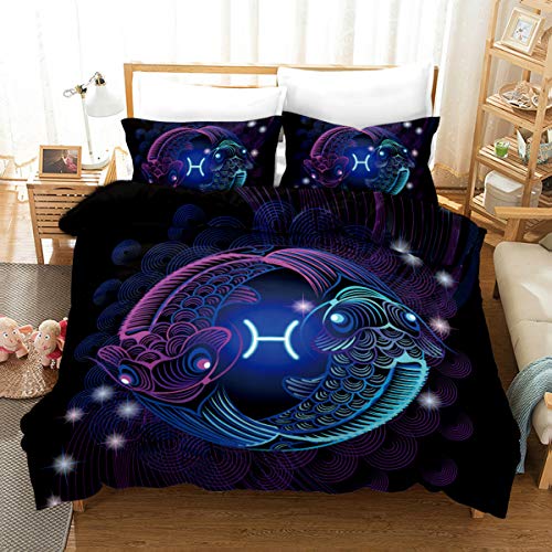 Fansu Doce Constelación Juego de Ropa de Cama 3 Piezas Funda De Edredón Familias y Niños, 3D Imprimiendo Cremallera Funda Nórdica Funda de Almohada Suave Cómodo No alérgico (135x200cm,Piscis)