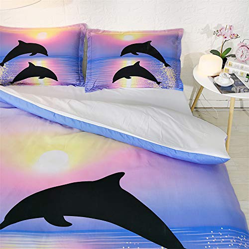 Fansu Juego de Ropa de Cama 3 Piezas Funda De Edredón Familias y Niños, 3D Delfín Imprimiendo Cremallera Funda Nórdica Funda de Almohada Suave Cómodo No alérgico (150x200cm,Púrpura)