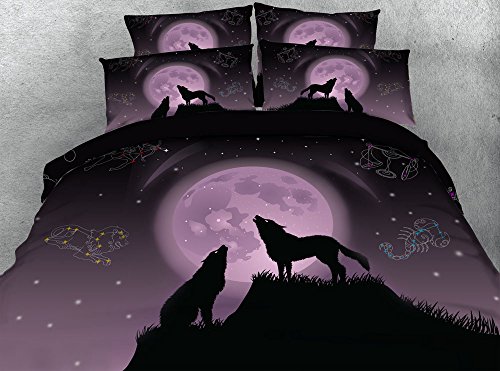 Fansu Lobo Totem Juego de Ropa de Cama 3 Piezas Funda De Edredón Familias y Niños, 3D Imprimiendo Cremallera Funda Nórdica Funda de Almohada Suave Cómodo No alérgico (200x220cm,Luna Morada)