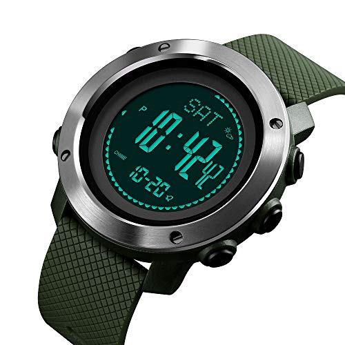 FeiWen Unisex Outdoor Militar Deportivo Digitales Brújula Relojes de Pulsera LED Electrónica Multifuncional Pulsómetro Altímetro Termómetro Alarma Reloj Plástico Bisel con Goma Correa (Verde 2)