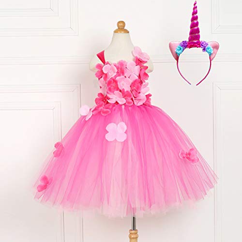 FENICAL Niñas Petal Princess Dress Unicorn Headgear Set Vestido de Tul sin Mangas para Halloween Fiesta de cumpleaños Suministros 8Y (Rosa)