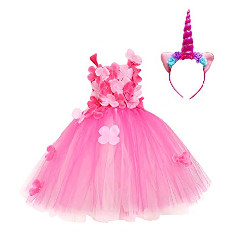 FENICAL Niñas Petal Princess Dress Unicorn Headgear Set Vestido de Tul sin Mangas para Halloween Fiesta de cumpleaños Suministros 8Y (Rosa)