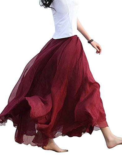 FEOYA Mujer Maxi Larga Falda Bohemia Dobladillo Grande Chifón Skirt - Rojo