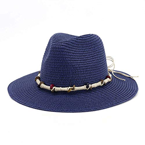 FHHYY sombreo Verano Hombres y Mujeres Jazz Paja Sombrero Verano Lino Gorro con Cuentas látigo Europeo Marea Sombrero Exterior Casual Sombrero Playa Sombrero,Navy Blue