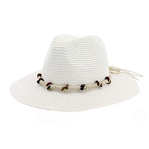 FHHYY sombreo Verano Hombres y Mujeres Jazz Paja Sombrero Verano Lino Gorro con Cuentas látigo Europeo Marea Sombrero Exterior Casual Sombrero Playa Sombrero,White