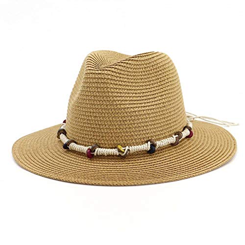 FHHYY sombreo Verano Hombres y Mujeres Jazz Paja Sombrero Verano Lino Gorro con Cuentas látigo Europeo Marea Sombrero Exterior Casual Sombrero Playa Sombrero,Kakifarbig