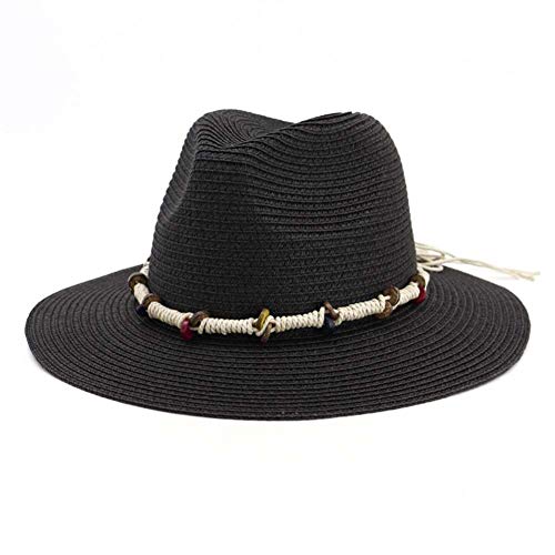 FHHYY sombreo Verano Hombres y Mujeres Jazz Paja Sombrero Verano Lino Gorro con Cuentas látigo Europeo Marea Sombrero Exterior Casual Sombrero Playa Sombrero,Black