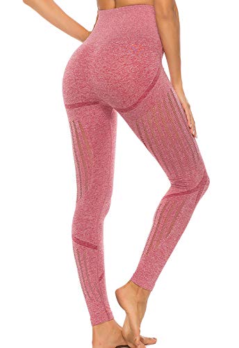 FITTOO Leggings Sin Costuras Corte de Malla Mujer Pantalon Deportivo Alta Cintura Yoga Elásticos Fitness Seamless Rosa-4 Small