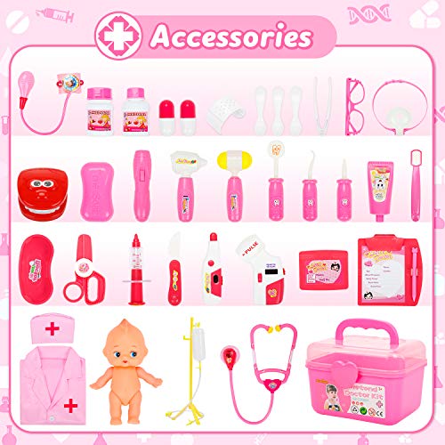 Fivejoy 43 Piezas Juguete del Doctor para Niños, Doctora de Juguetes, Maletín Medico Juguete Doctora Cosplay Juguetes, Juego de rol Regalos para Niños Mayores de 3 años con Accesorios, Asa(Rosa)