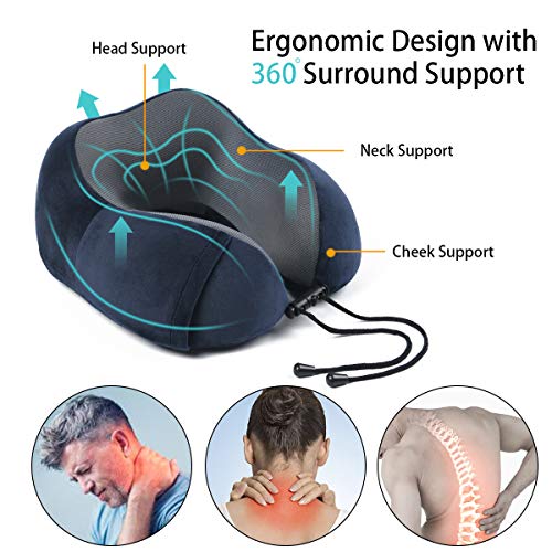 flintronic Almohada de Viaje Viscoelástica de Espuma, Almohada Cervical Cojin Almohada Ortopédica Cervica para Avión Tren Coche Viajando con Máscara y Cordón Tapones para Los Oídos - Azul