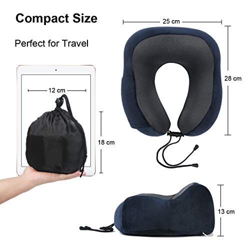 flintronic Almohada de Viaje Viscoelástica de Espuma, Almohada Cervical Cojin Almohada Ortopédica Cervica para Avión Tren Coche Viajando con Máscara y Cordón Tapones para Los Oídos - Azul