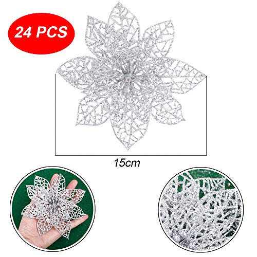 FLOFIA 24 Flores Navidad Artificiales Navideñas Flor de Pascua Navidad Poinsettia Brillante Artificial con Purpurina Adorno de Árbol de Navidad DIY Guirnalda Corona Decorativa (Plateada)