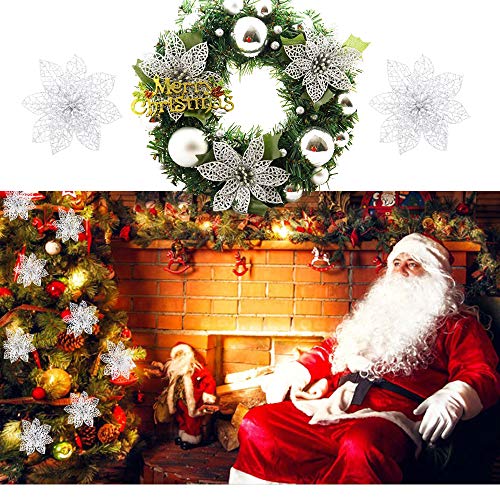 FLOFIA 24 Flores Navidad Artificiales Navideñas Flor de Pascua Navidad Poinsettia Brillante Artificial con Purpurina Adorno de Árbol de Navidad DIY Guirnalda Corona Decorativa (Plateada)