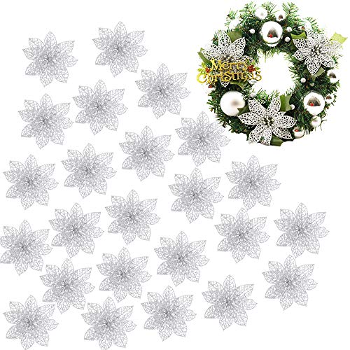 FLOFIA 24 Flores Navidad Artificiales Navideñas Flor de Pascua Navidad Poinsettia Brillante Artificial con Purpurina Adorno de Árbol de Navidad DIY Guirnalda Corona Decorativa (Plateada)