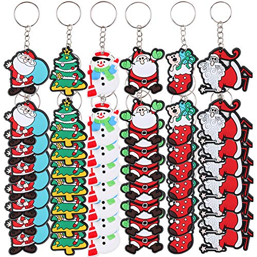 FLOFIA 48pcs Llavero Navidad PVC Santa Claus Llavero Papa Noél Árbol de Navidad Muñeco de Nieve Regalo Creativo Navidad para Niños Cumpleaños Decoración Bolso Monedero (6 Estilos)