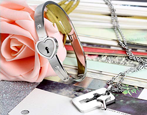 Flongo Pulsera con Collar para Parejas Enamorados Novios Forma de Cerratura y Llave, Pulsera de Esposas Corazon Oro Rosa, Plateado Buen Regalo Original de Navidad San Valentin