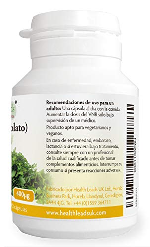 Folato L-metilfolato 400μg x90 cápsulas, 5-MTHF Forma activa de ácido fólico-vitamina B9, Apoya el crecimiento normal del tejido materno durante el embarazo, Sin estearato de magnesio, Hecho en Gales